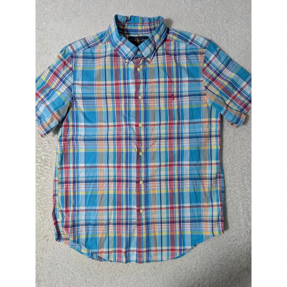 Ralph Lauren Plaid‎ Button Down Boys L Blue Multi Short Sleeve Pony Logo